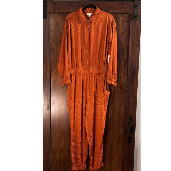 On 34Th Plus Size Animal-Print Jacquard Orange Jumpsuit NWT - Picture 2 of 6